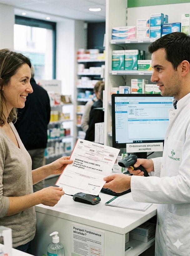 un patient donne une ordonnance sécurisée à un pharmacien